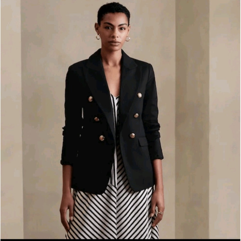 Banana Republic Icon Blazer 2 Petite Black Gold Button Captain Coat Cotton Blend